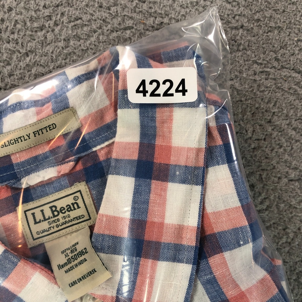 LL Bean Shirt Mens Extra Large Red Blue Plaid 100% Linen Slightly Fitted Coastal - Picture 10 of 10